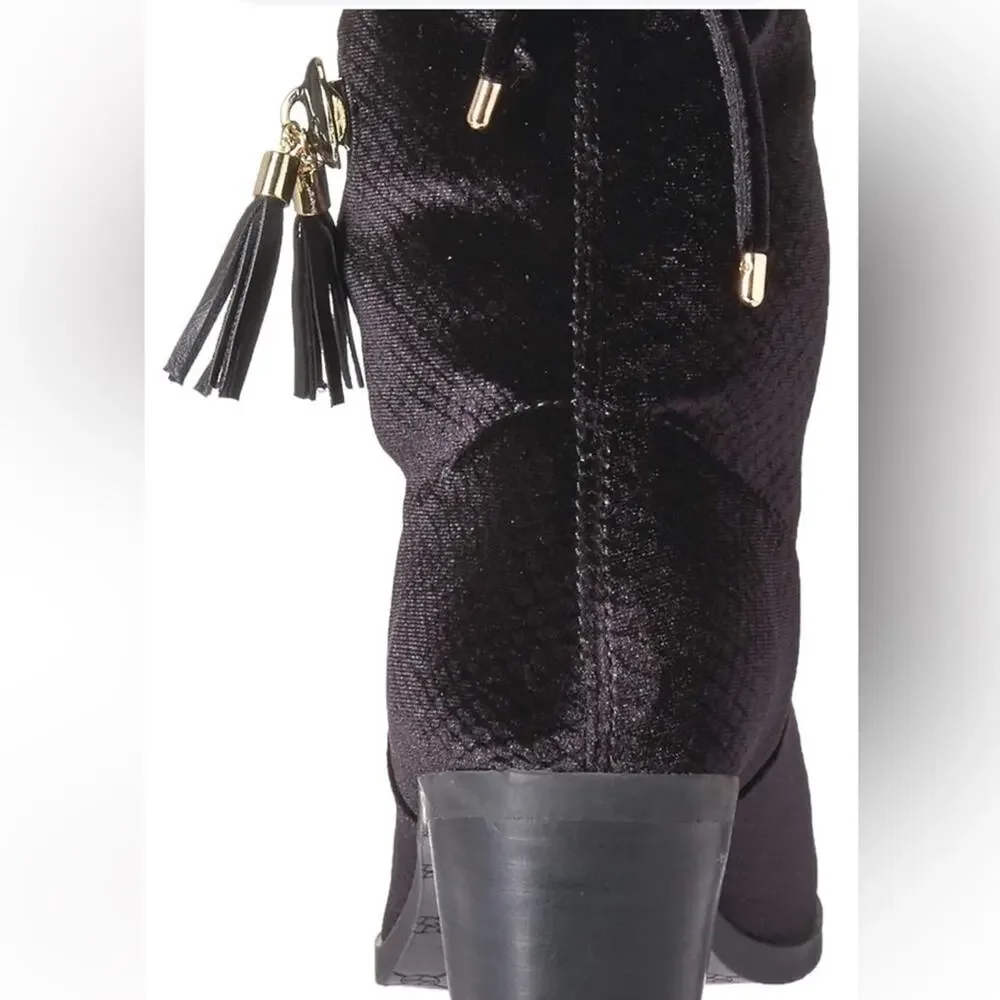 New $115 Black Faux Velvet Slouchy Sock Boot Tassle Womens 9.5 Boho Quiet Luxury